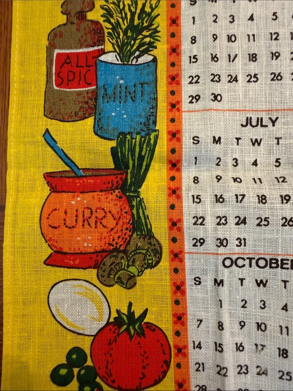 New Vintage-Style Yellow Kitchen Linen Calendar Tea Towel - 1979 16x28”